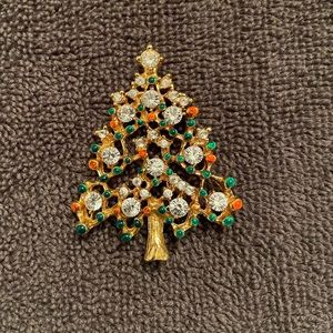 Vintage Christmas Tree Pin, multi-colored clear, red and green, gold tone metal